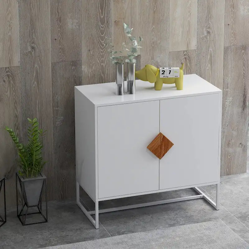 Buffet 2 portes blanc avec poignée carrée, finition UV