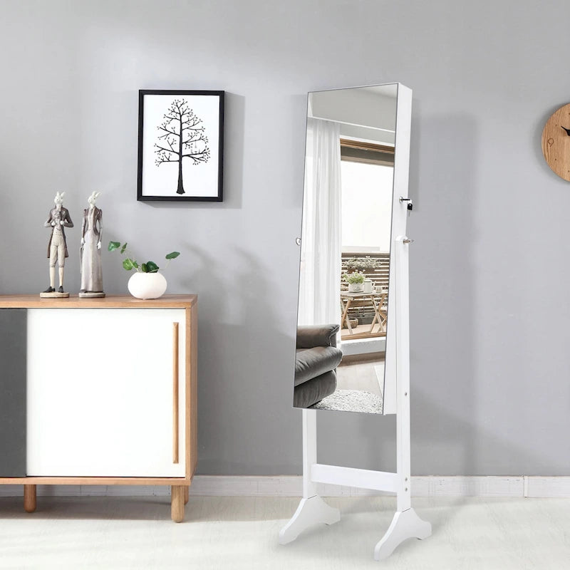 Armoire à bijoux sur pied avec miroir et éclairage LED Blanc