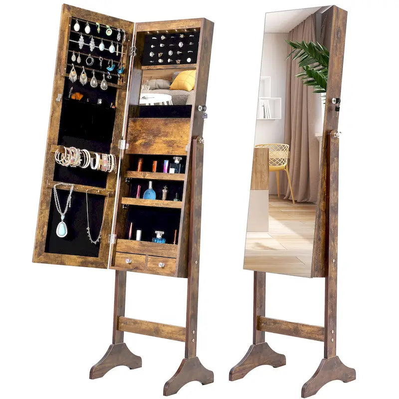 Armoire à bijoux sur pied avec miroir et éclairage LED Blanc
