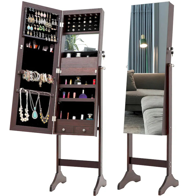 Armoire à bijoux sur pied avec miroir et éclairage LED Blanc