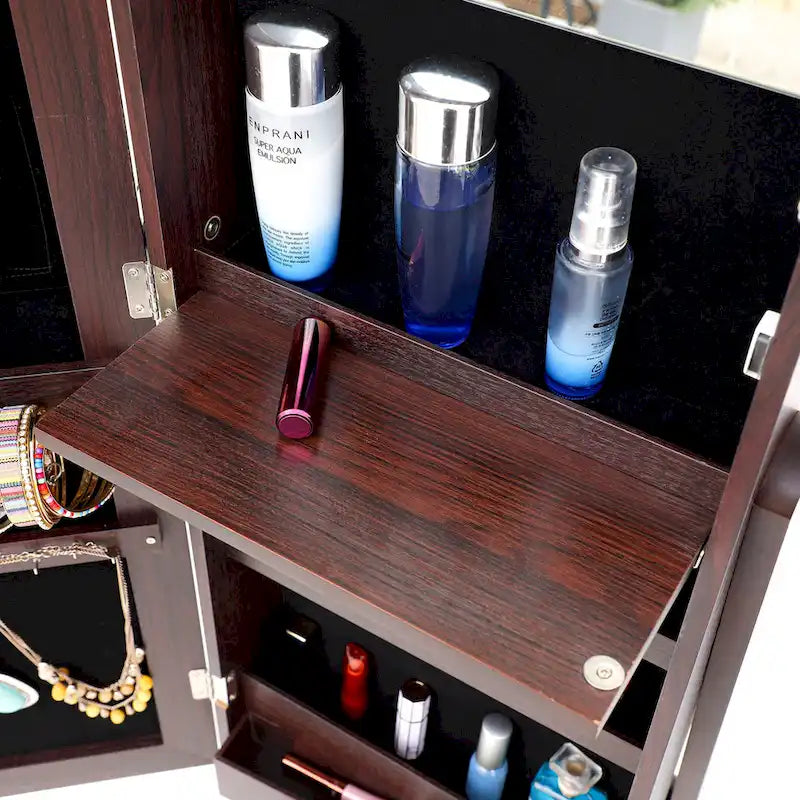 Armoire à bijoux sur pied avec miroir et éclairage LED Blanc