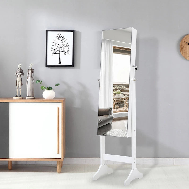Armoire à bijoux sur pied avec miroir et éclairage LED Blanc