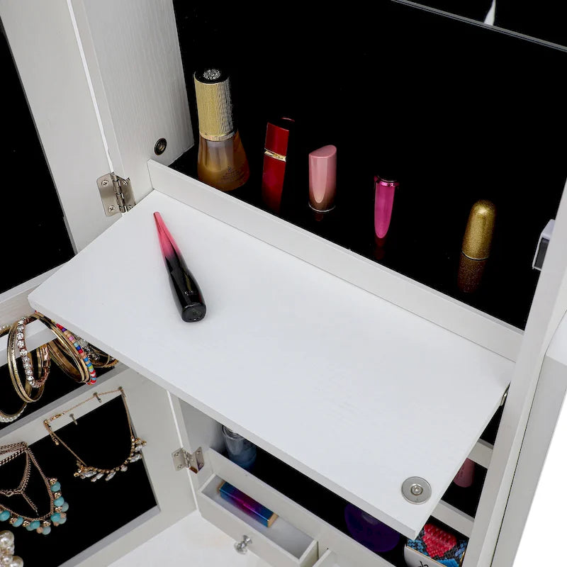 Armoire à bijoux sur pied avec miroir et éclairage LED Blanc
