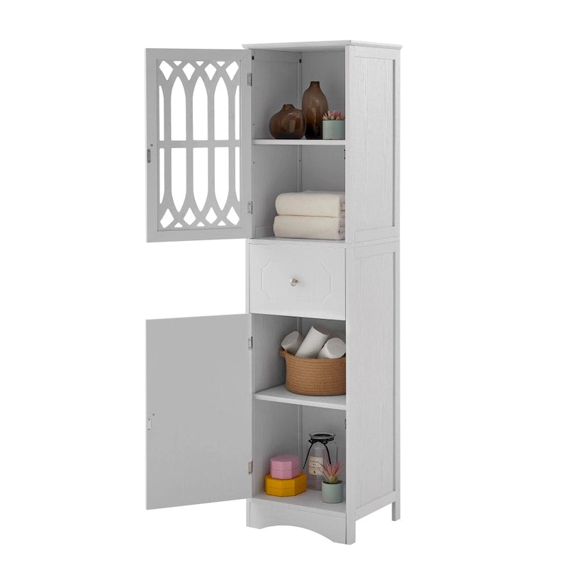 Armoire de salle de bain haute blanche autoportante avec porte à croisillons