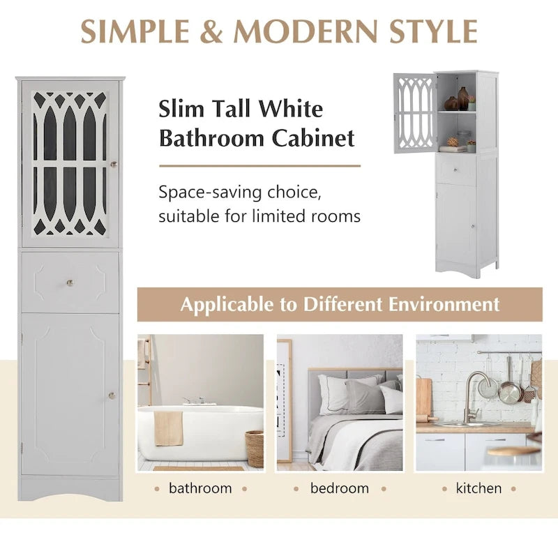 Armoire de salle de bain haute blanche autoportante avec porte à croisillons