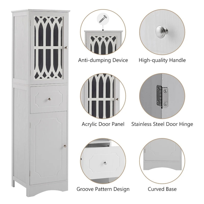 Armoire de salle de bain haute blanche autoportante avec porte à croisillons