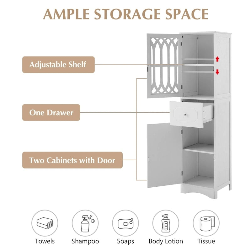 Armoire de salle de bain haute blanche autoportante avec porte à croisillons