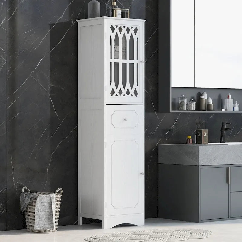 Armoire de salle de bain haute blanche autoportante avec porte à croisillons