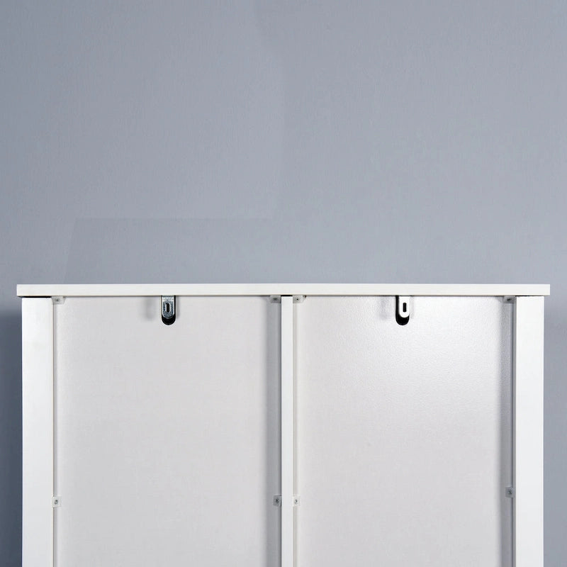 Meuble de rangement blanc à poser au-dessus des toilettes avec porte coulissante style grange et étagères réglables