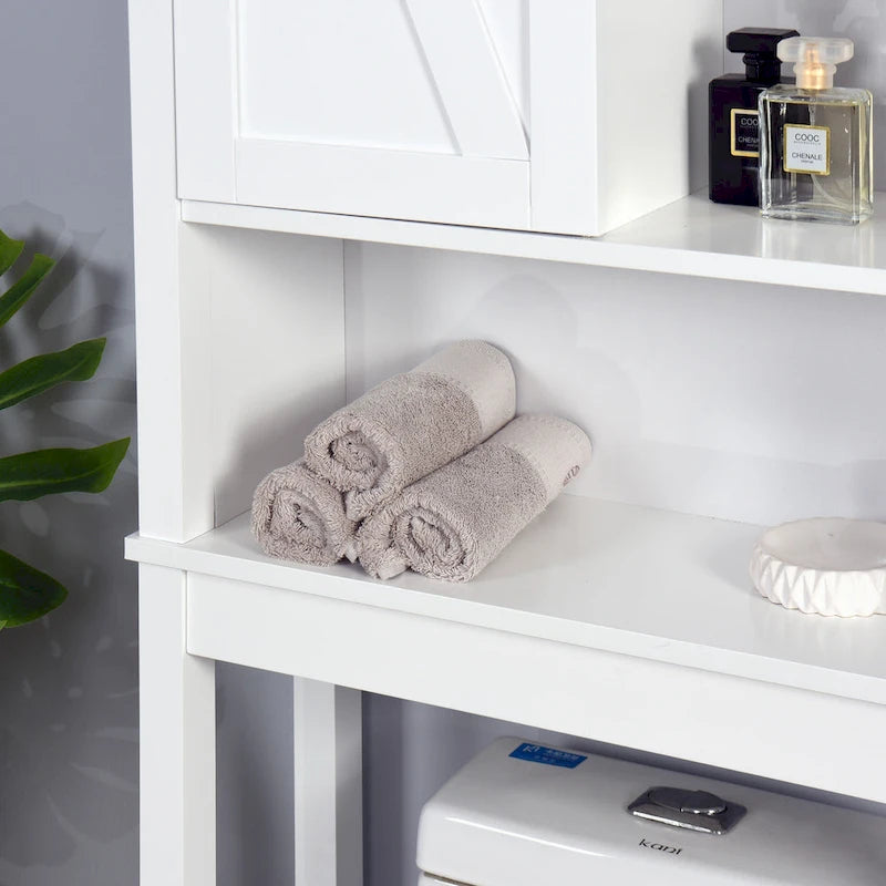 Meuble de rangement blanc à poser au-dessus des toilettes avec porte coulissante style grange et étagères réglables