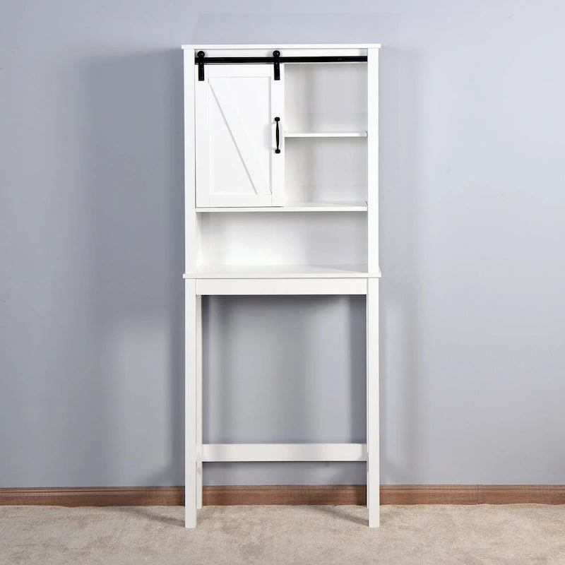 Meuble de rangement blanc à poser au-dessus des toilettes avec porte coulissante style grange et étagères réglables