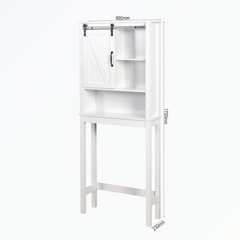 Meuble de rangement blanc à poser au-dessus des toilettes avec porte coulissante style grange et étagères réglables