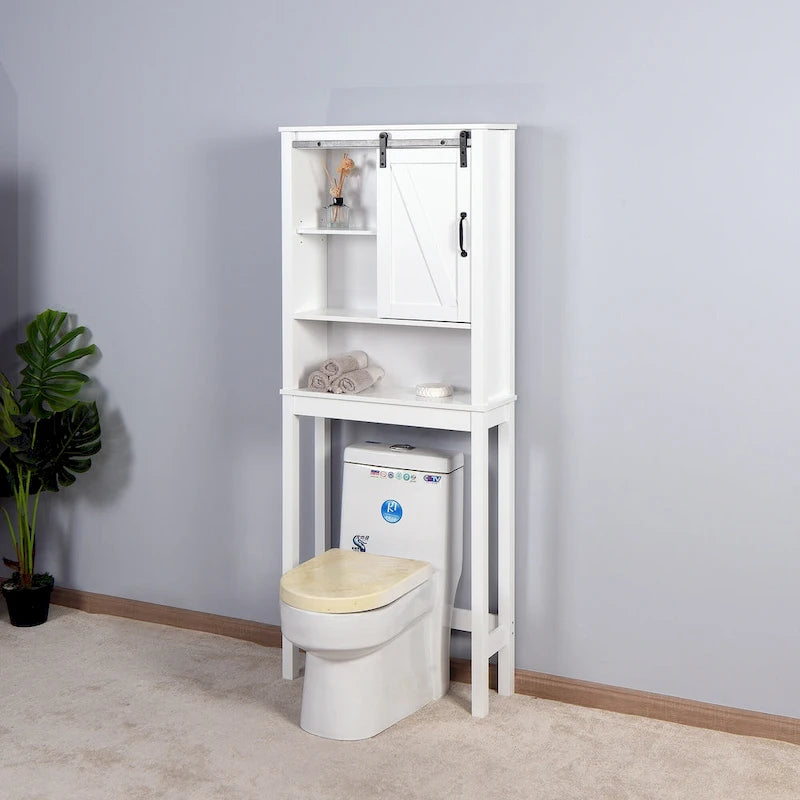 Meuble de rangement blanc à poser au-dessus des toilettes avec porte coulissante style grange et étagères réglables