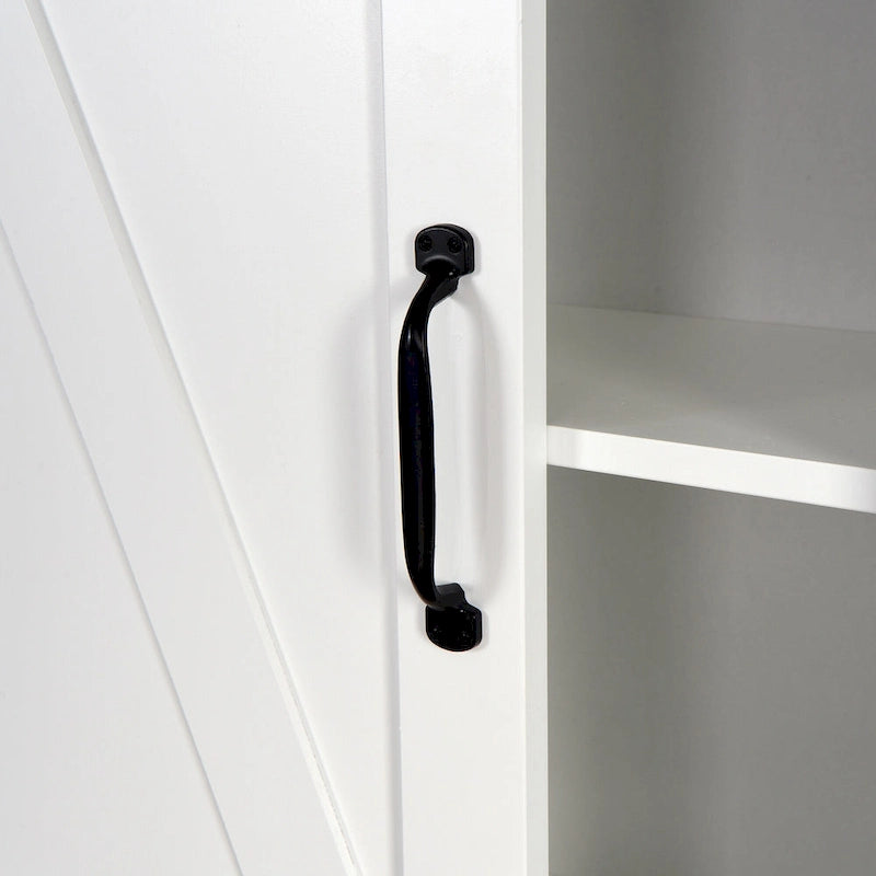 Meuble de rangement blanc à poser au-dessus des toilettes avec porte coulissante style grange et étagères réglables