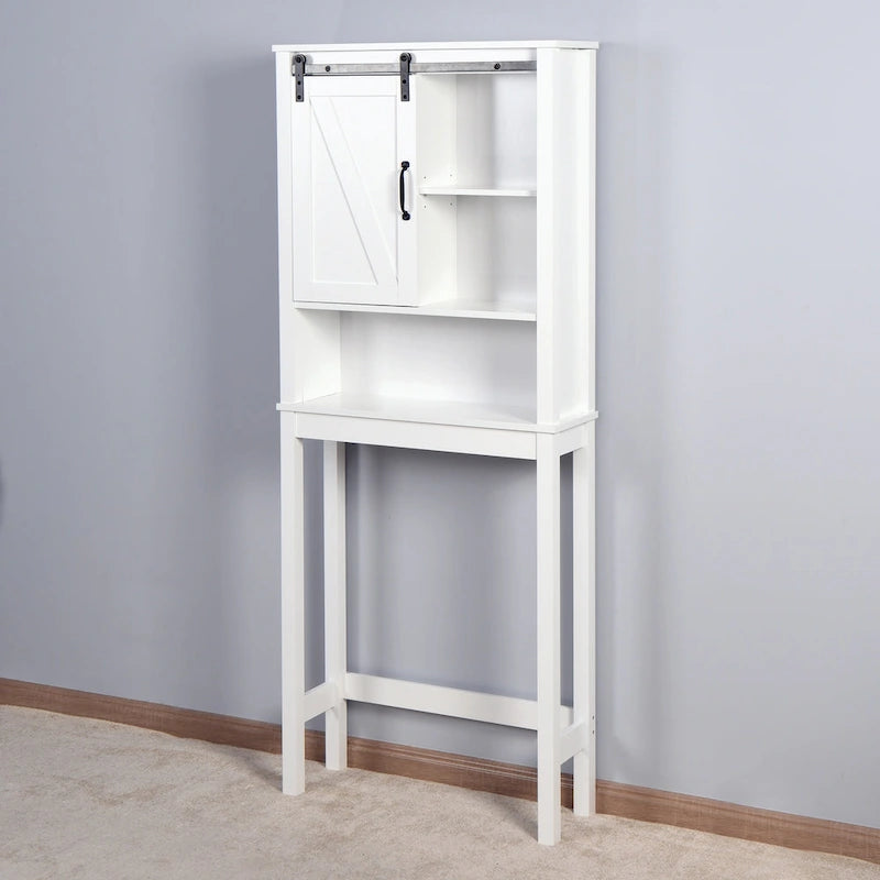 Meuble de rangement blanc à poser au-dessus des toilettes avec porte coulissante style grange et étagères réglables