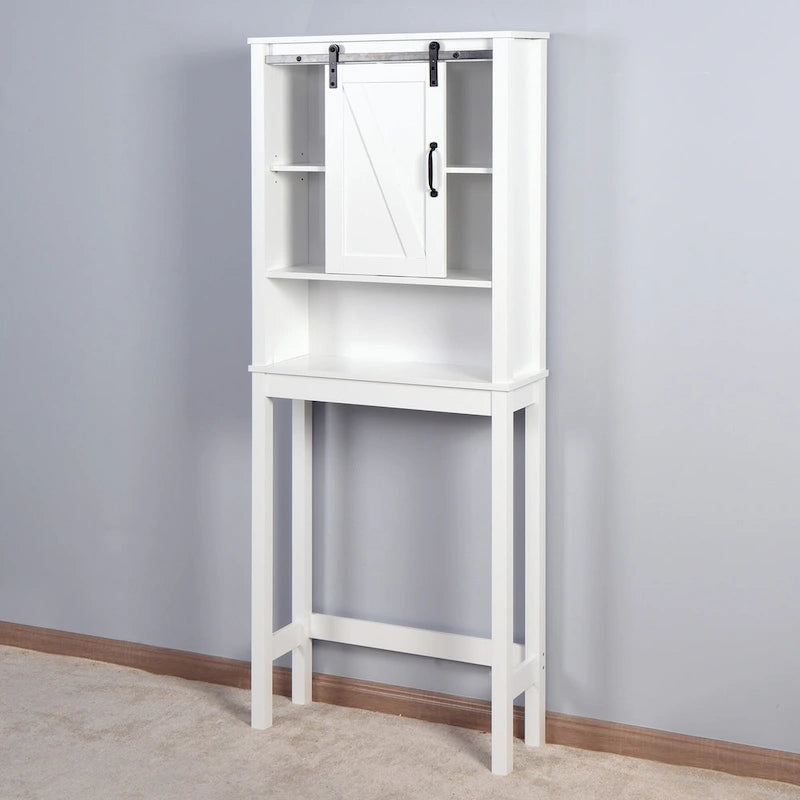 Meuble de rangement blanc à poser au-dessus des toilettes avec porte coulissante style grange et étagères réglables