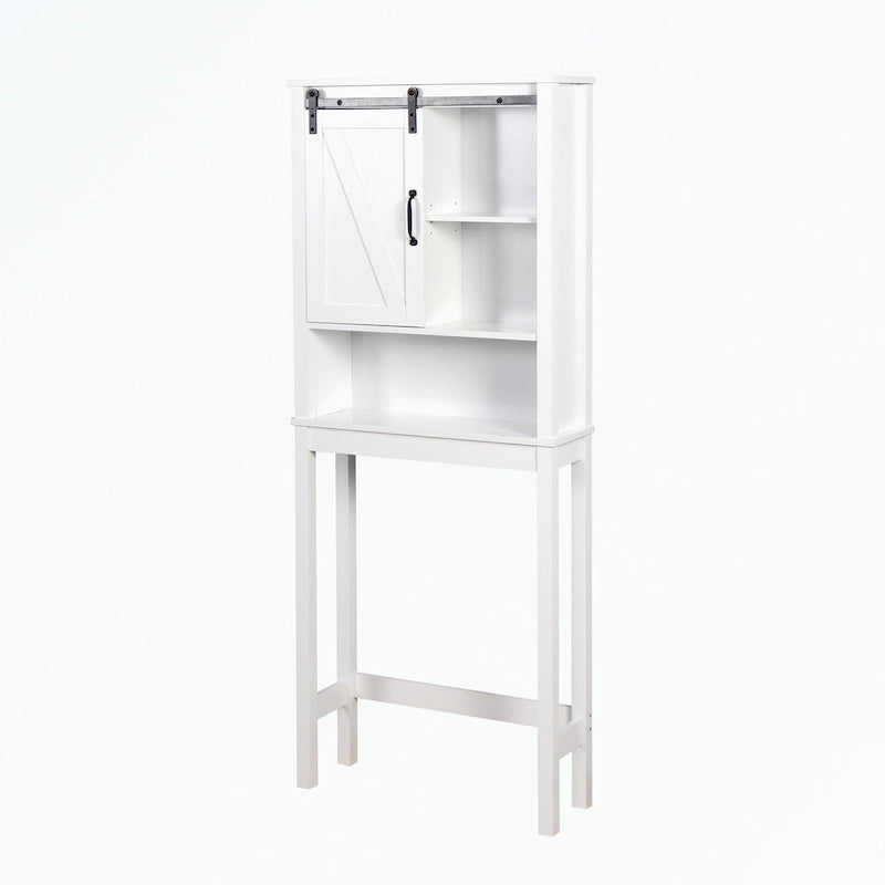 Meuble de rangement blanc à poser au-dessus des toilettes avec porte coulissante style grange et étagères réglables