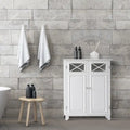 Meuble d'appoint à deux portes sur pied avec panneaux de verre, blanc brillant