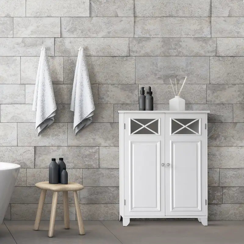 Meuble d'appoint à deux portes sur pied avec panneaux de verre, blanc brillant