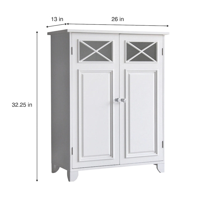 Meuble d'appoint à deux portes sur pied avec panneaux de verre, blanc brillant