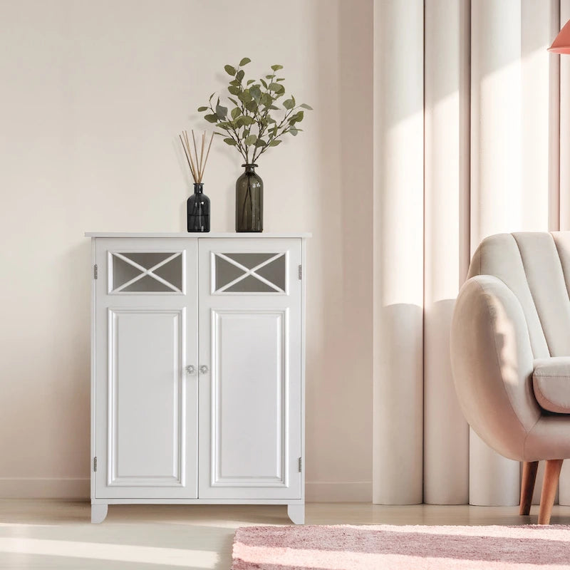 Meuble d'appoint à deux portes sur pied avec panneaux de verre, blanc brillant