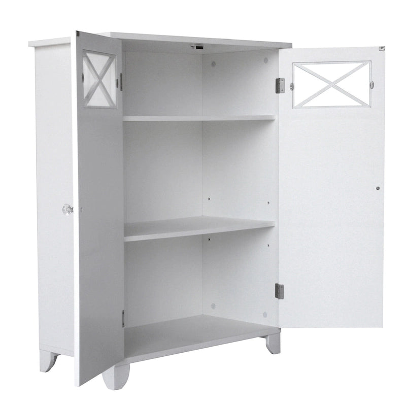 Meuble d'appoint à deux portes sur pied avec panneaux de verre, blanc brillant