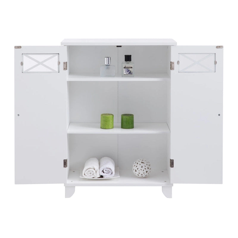 Meuble d'appoint à deux portes sur pied avec panneaux de verre, blanc brillant