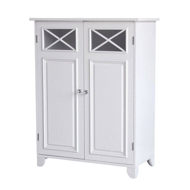 Meuble d'appoint à deux portes sur pied avec panneaux de verre, blanc brillant