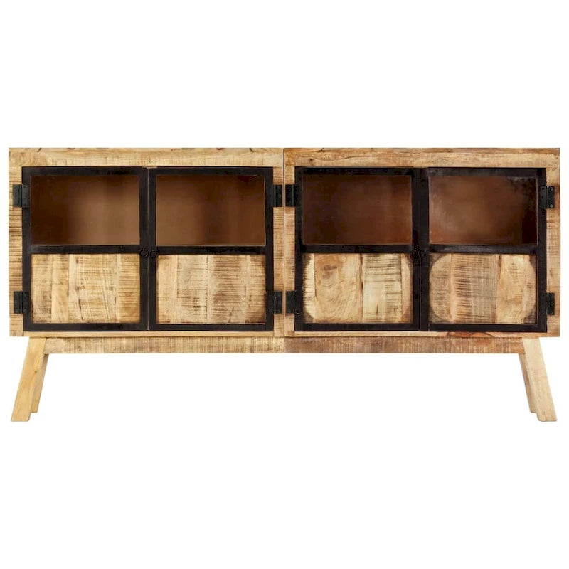 Bahut en bois de manguier massif marron et noir avec portes vitrées, style industriel