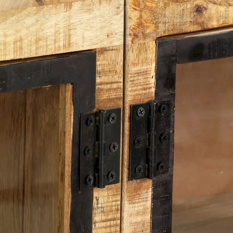 Bahut en bois de manguier massif marron et noir avec portes vitrées, style industriel