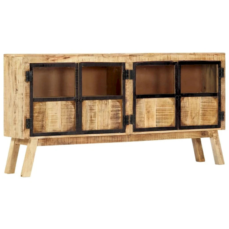 Bahut en bois de manguier massif marron et noir avec portes vitrées, style industriel