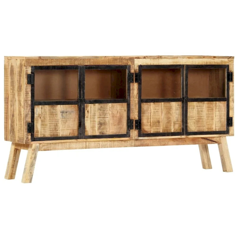 Bahut en bois de manguier massif marron et noir avec portes vitrées, style industriel