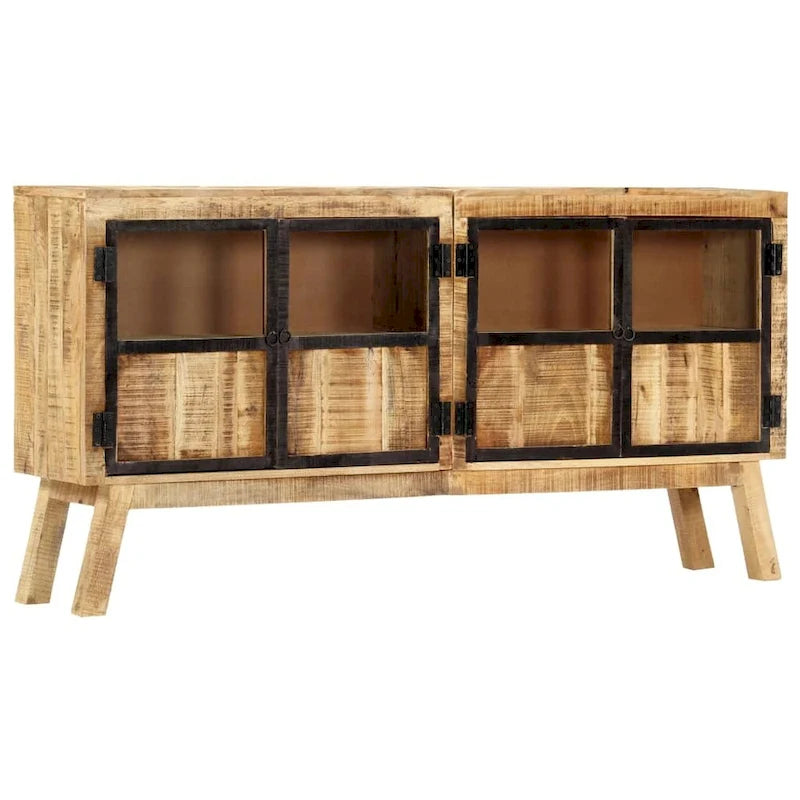 Bahut en bois de manguier massif marron et noir avec portes vitrées, style industriel