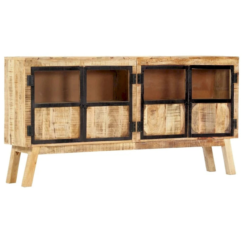 Bahut en bois de manguier massif marron et noir avec portes vitrées, style industriel