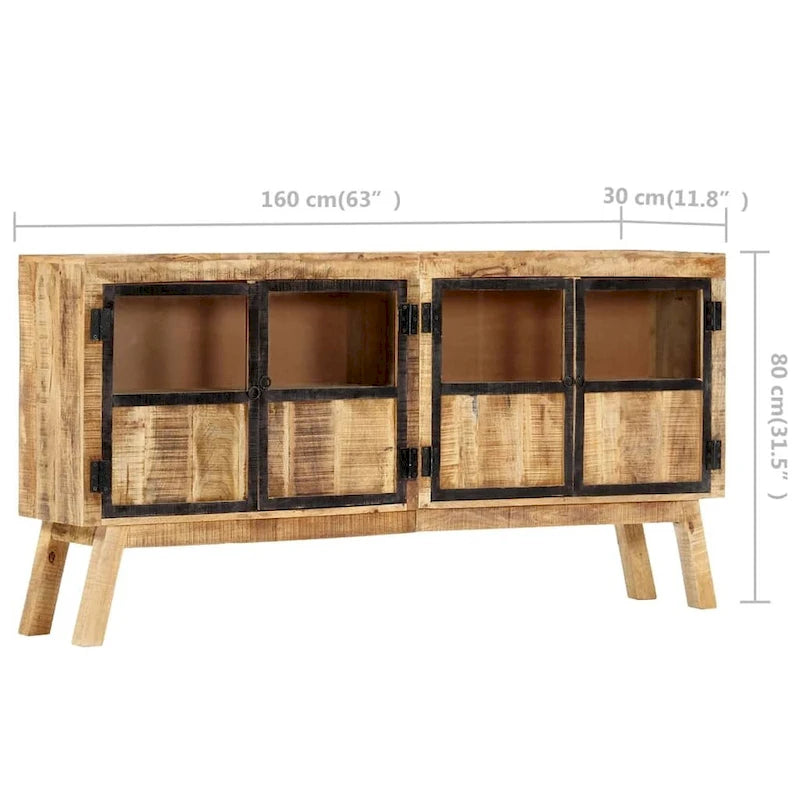 Bahut en bois de manguier massif marron et noir avec portes vitrées, style industriel