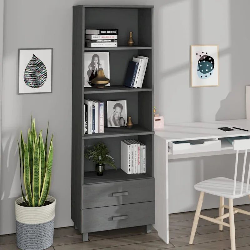 Bibliothèque haute en pin massif avec tiroirs, gris foncé