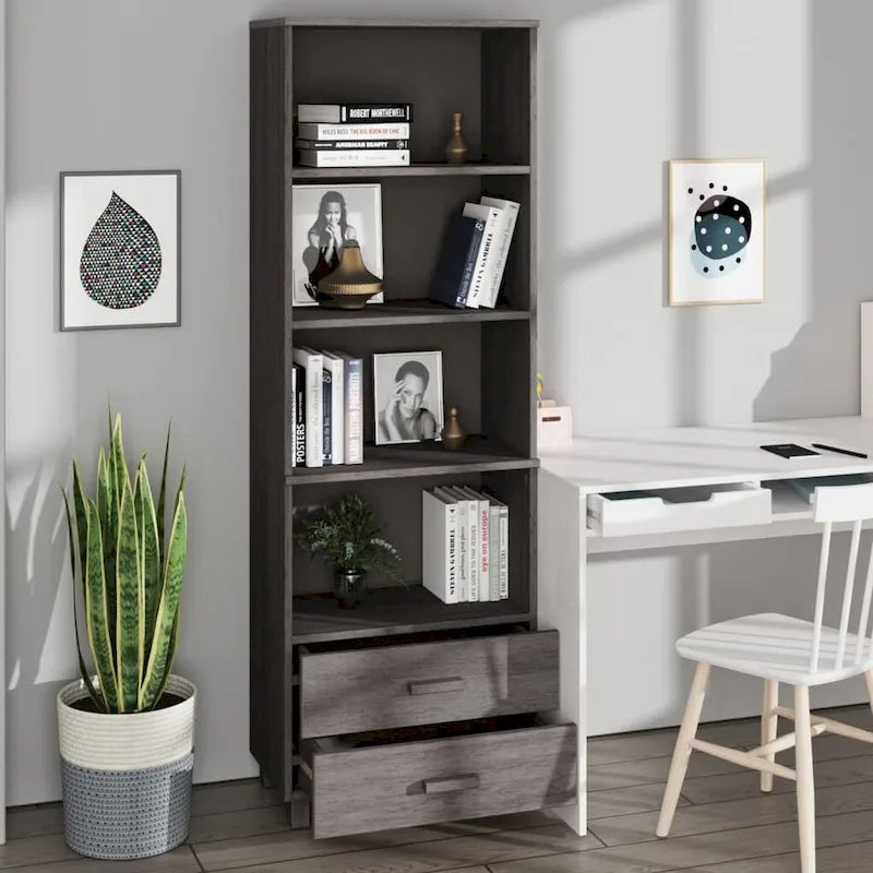 Bibliothèque haute en pin massif avec tiroirs, gris foncé