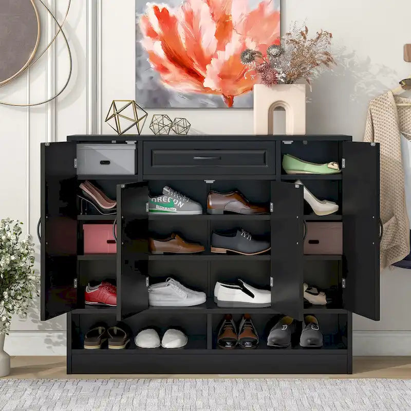 Meuble à chaussures d'entrée noir avec étagères réglables et tiroir de rangement