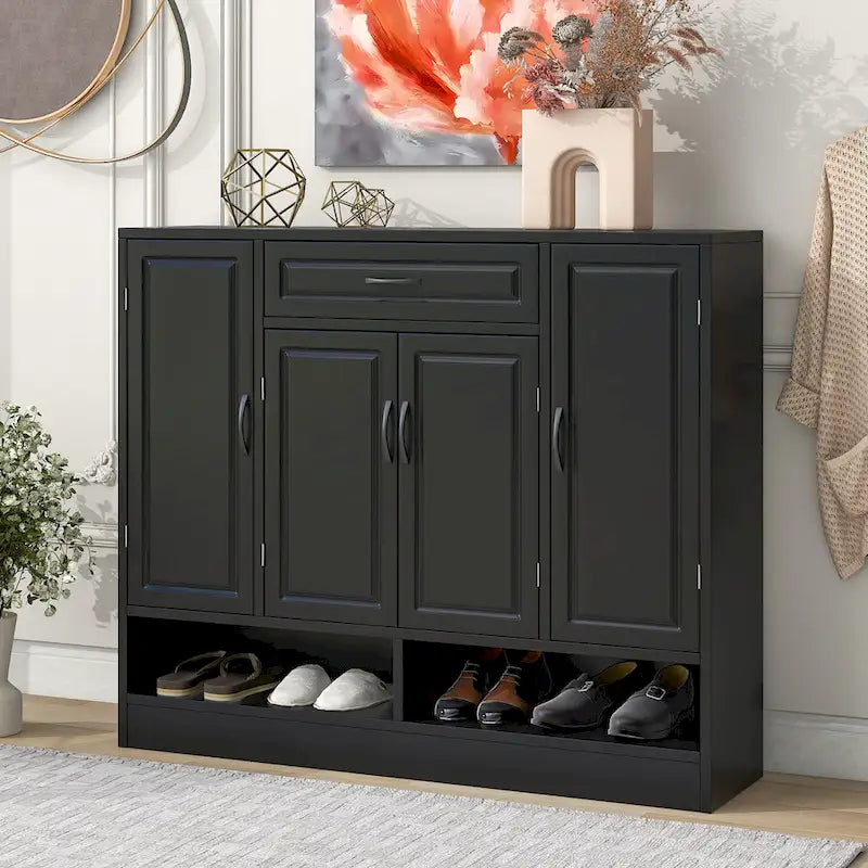 Meuble à chaussures d'entrée noir avec étagères réglables et tiroir de rangement