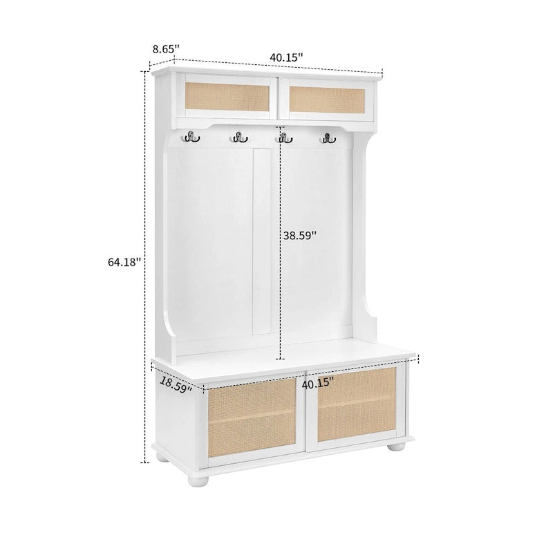 Porte-manteau de style ferme en rotin avec banc, patères et portes coulissantes de rangement