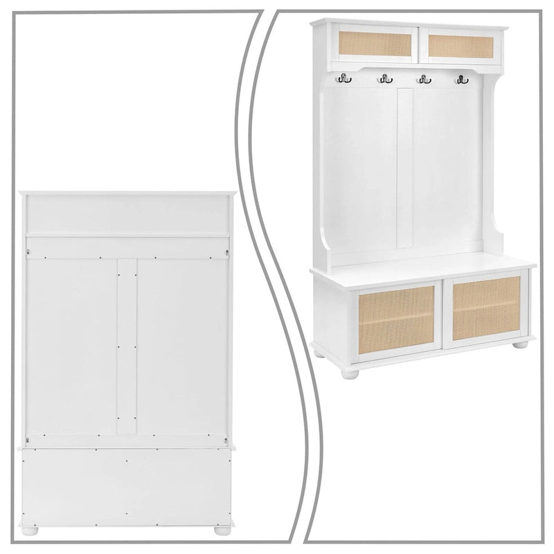 Porte-manteau de style ferme en rotin avec banc, patères et portes coulissantes de rangement