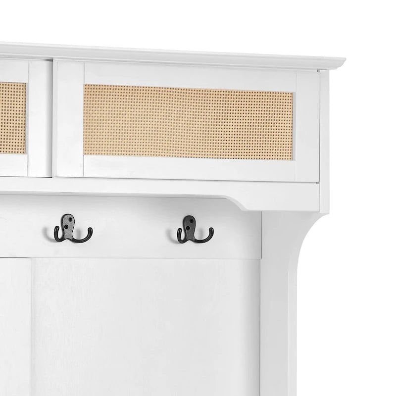 Porte-manteau de style ferme en rotin avec banc, patères et portes coulissantes de rangement