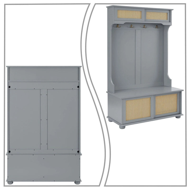 Porte-manteau de style ferme en rotin avec banc, patères et portes coulissantes de rangement