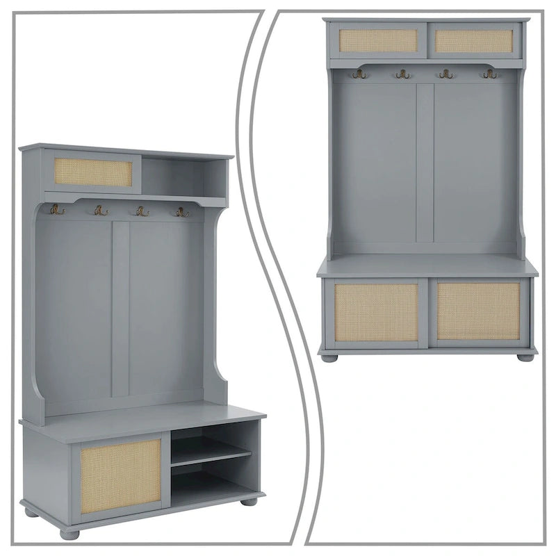 Porte-manteau de style ferme en rotin avec banc, patères et portes coulissantes de rangement