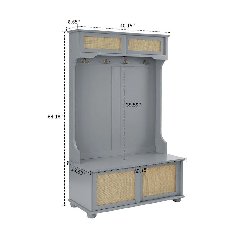 Porte-manteau de style ferme en rotin avec banc, patères et portes coulissantes de rangement