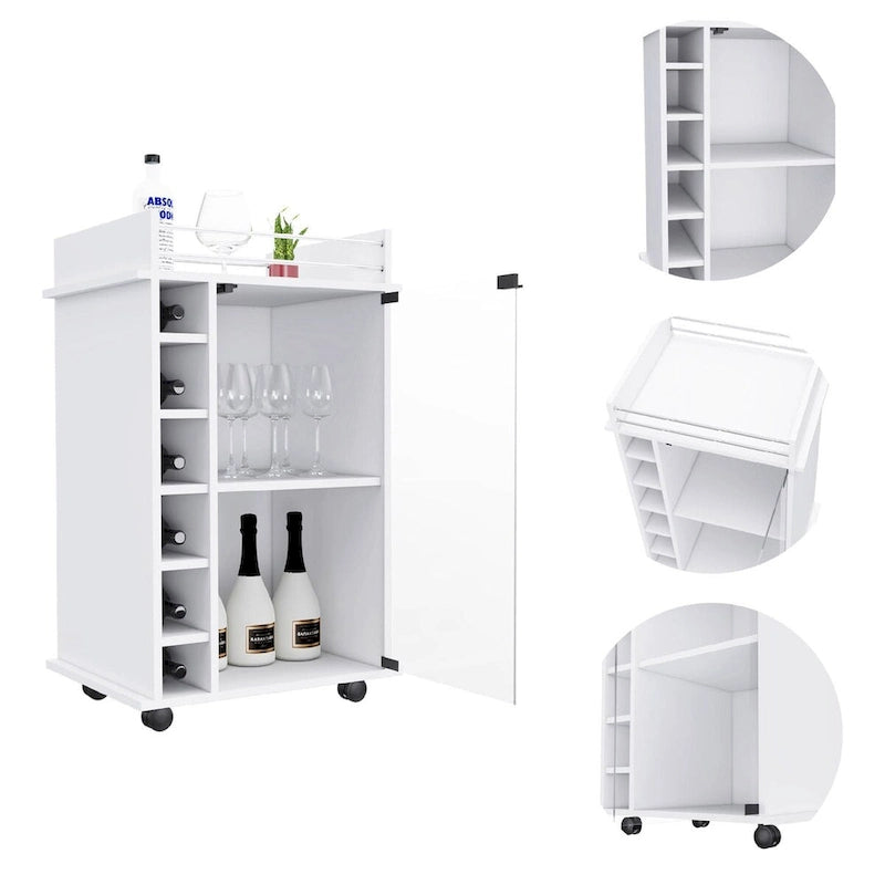 Meuble de bar blanc avec porte-verres à vin et plusieurs étagères de rangement sur roulettes