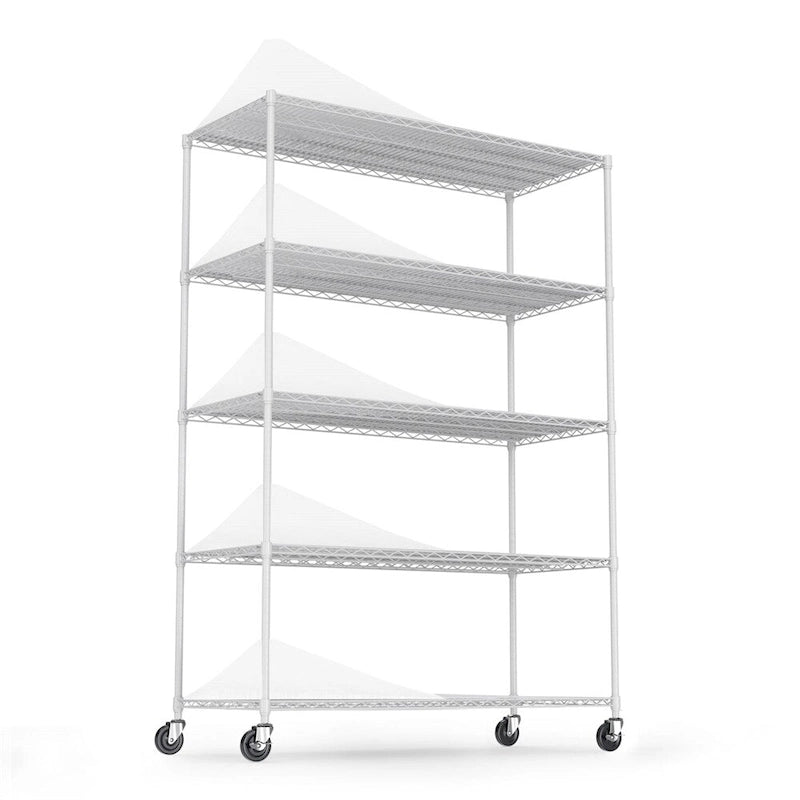Étagère de rangement en fil métallique robuste à 5 niveaux avec roulettes, blanc et chrome