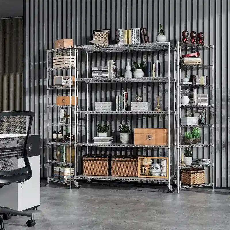 Étagère de rangement en fil métallique robuste à 5 niveaux avec roulettes, blanc et chrome