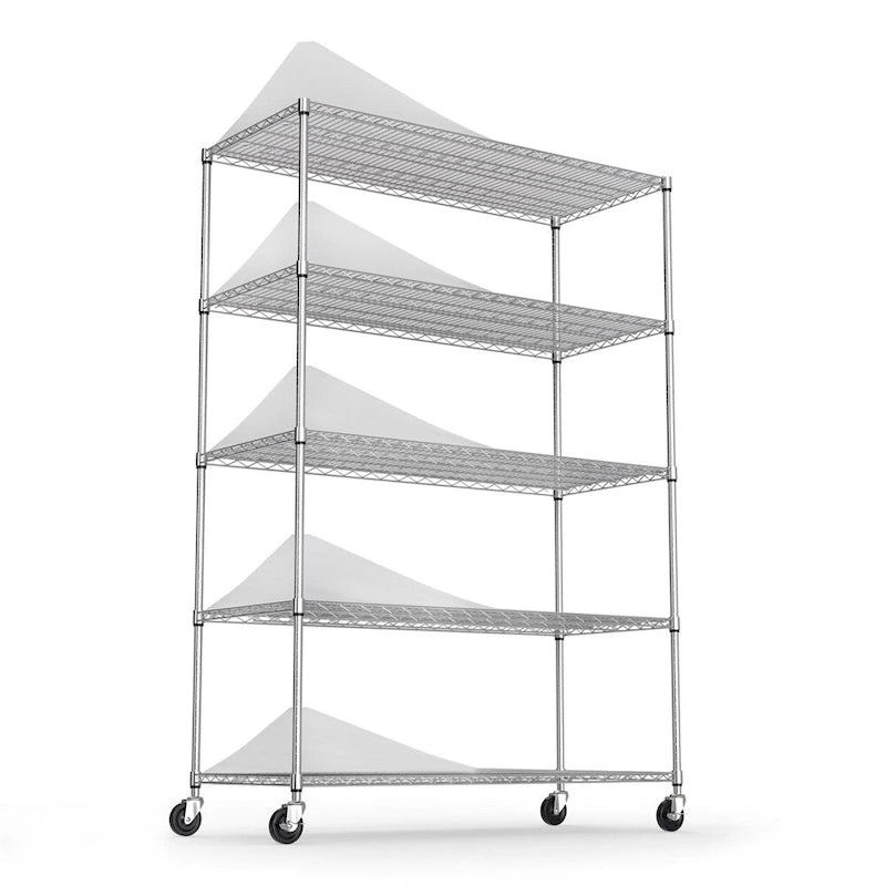 Étagère de rangement en fil métallique robuste à 5 niveaux avec roulettes, blanc et chrome