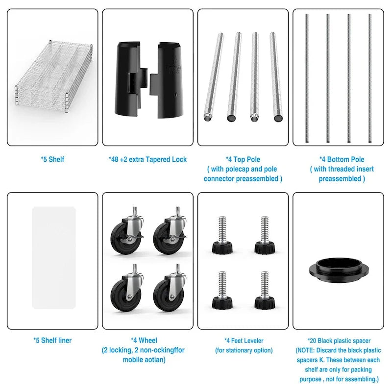 Étagère de rangement en fil métallique robuste à 5 niveaux avec roulettes, blanc et chrome